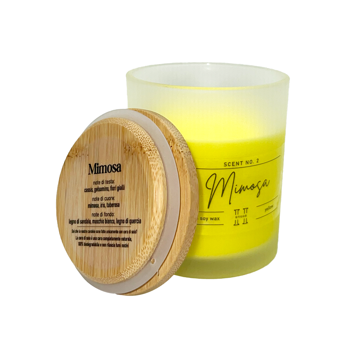 candela profumata gialla al profumo di mimosa, dettaglio del tappo in legno con descrizione note olfattive
