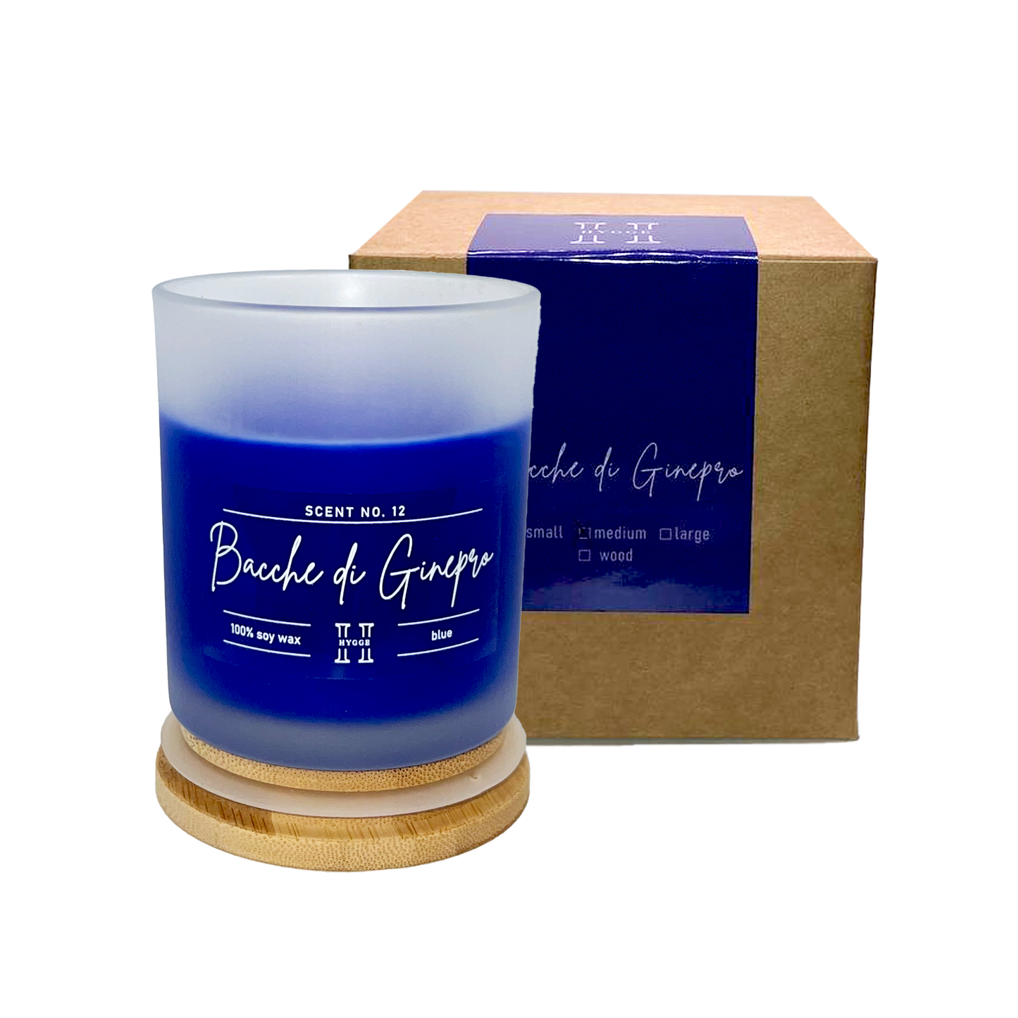 candela profumata blu al profumo di bacche di ginepro, dettaglio della scatola