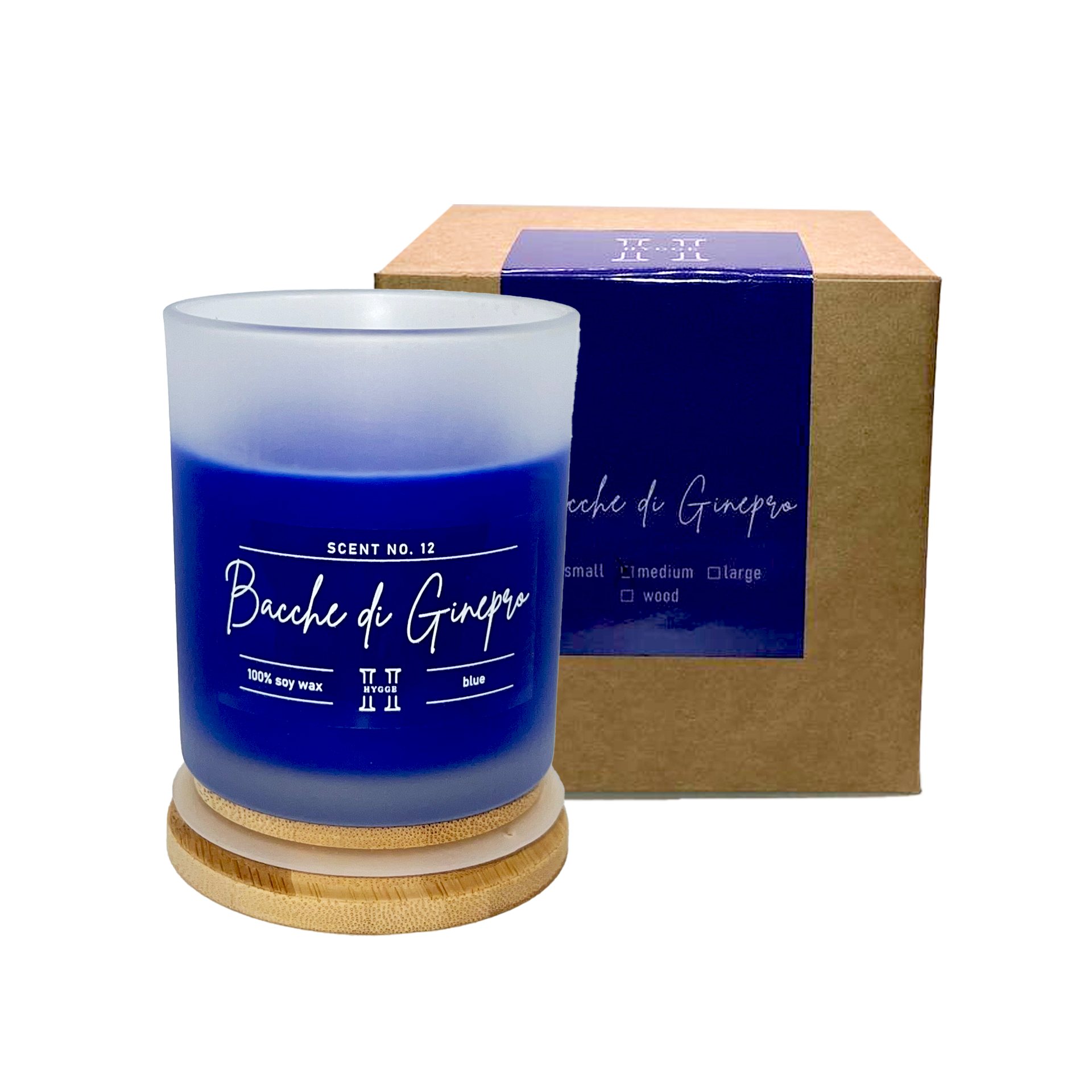 candela profumata blu al profumo di bacche di ginepro, dettaglio della scatola