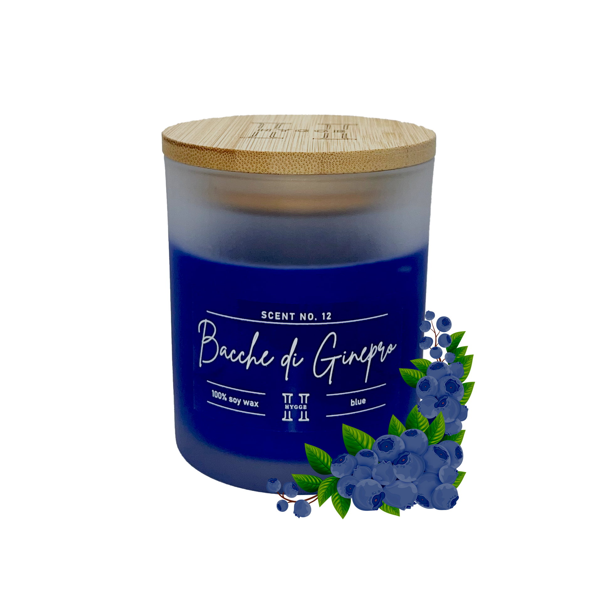 candela profumata blu al profumo di bacche di ginepro, dettaglio della fragranza 