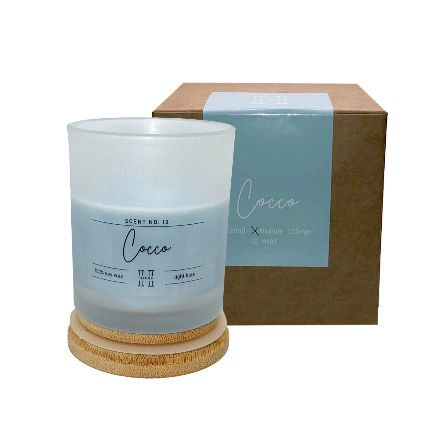 candela profumata celeste al profumo di cocco, dettaglio della scatola 