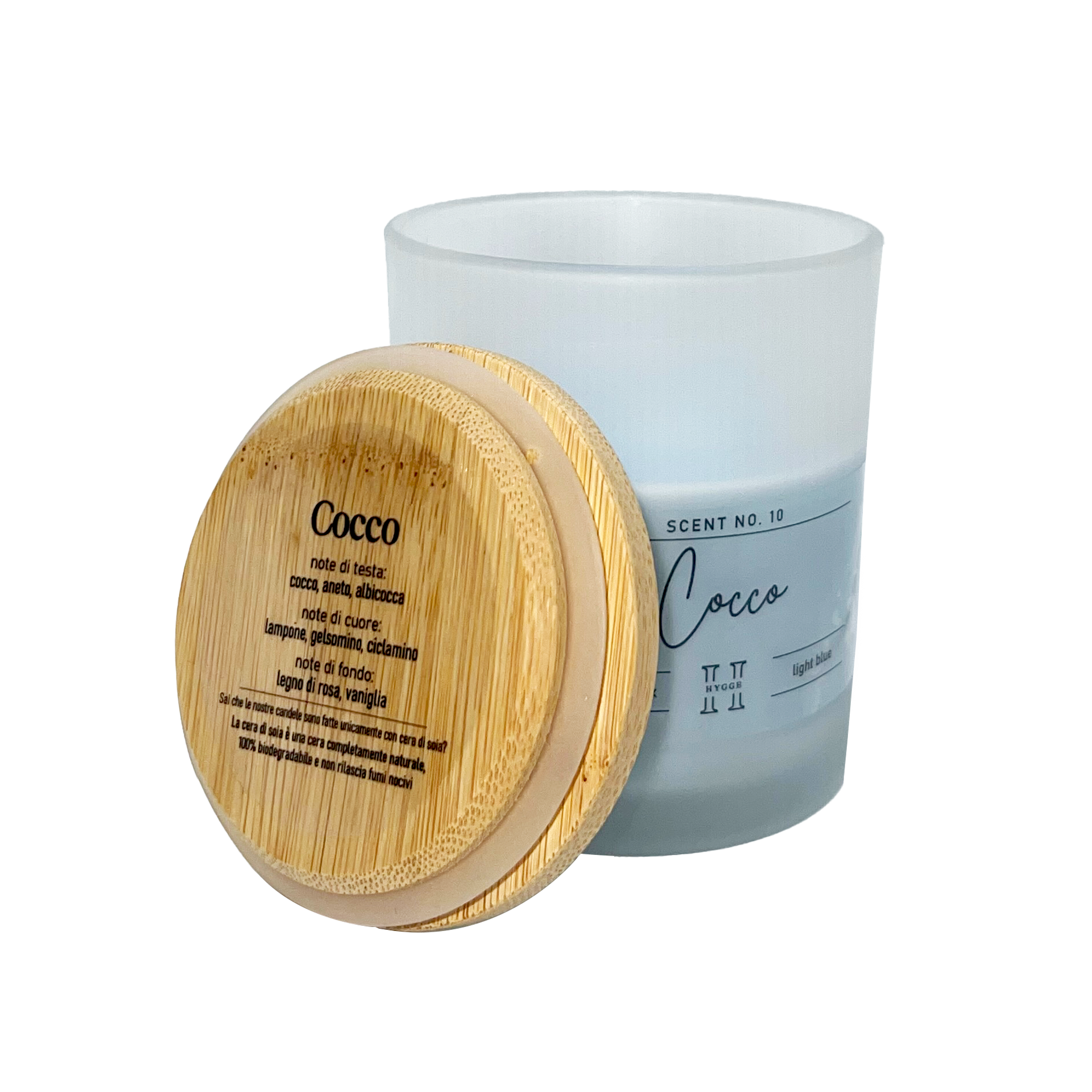 candela profumata celeste al profumo di cocco, dettaglio del tappo in legno con descrizione note olfattive