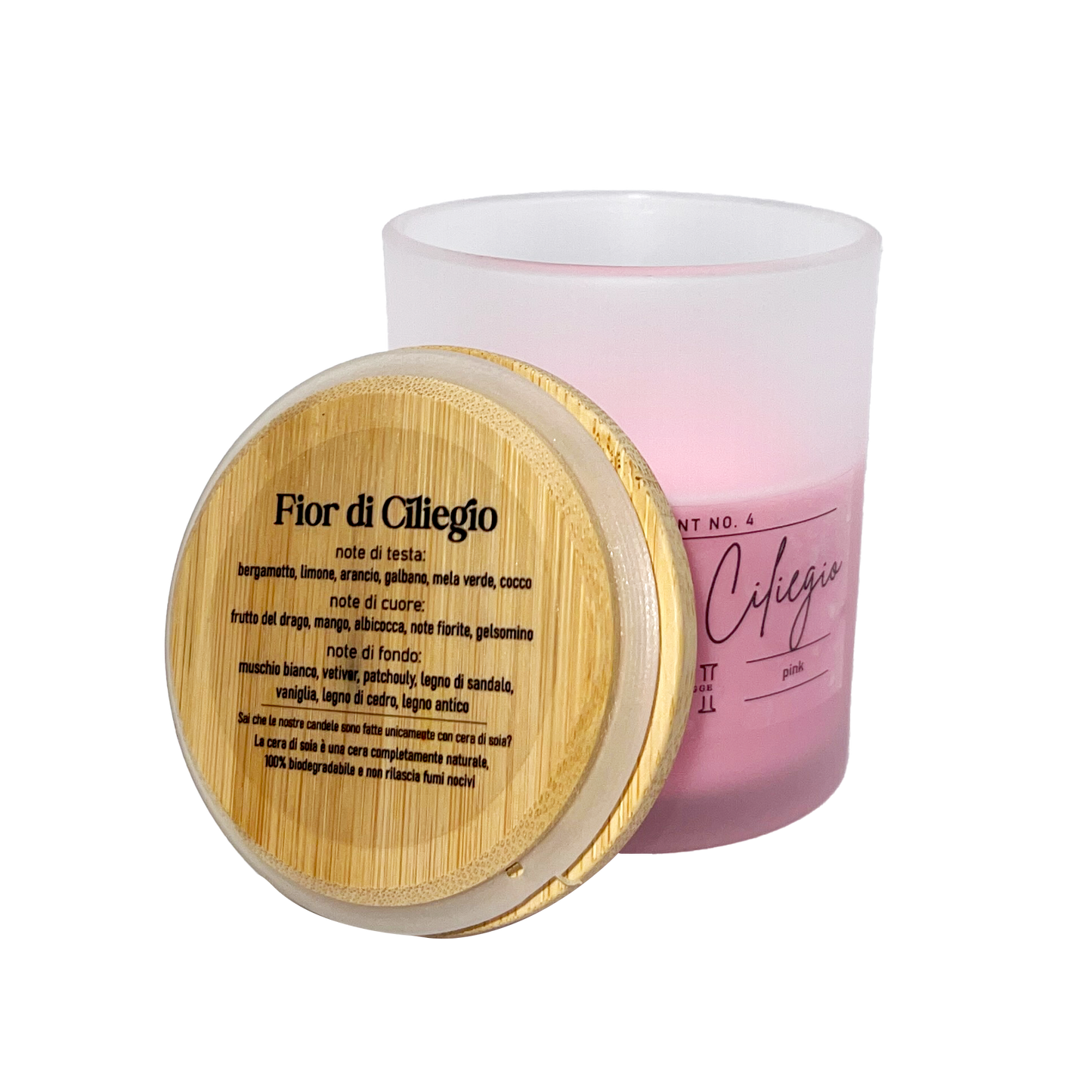 candela profumata rosa al profumo di fiori di ciliegio, dettaglio del tappo in legno con descrizione note olfattive