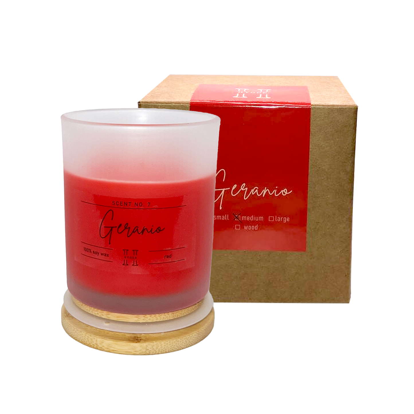 candela profumata rossa al profumo di geranio, dettaglio della scatola