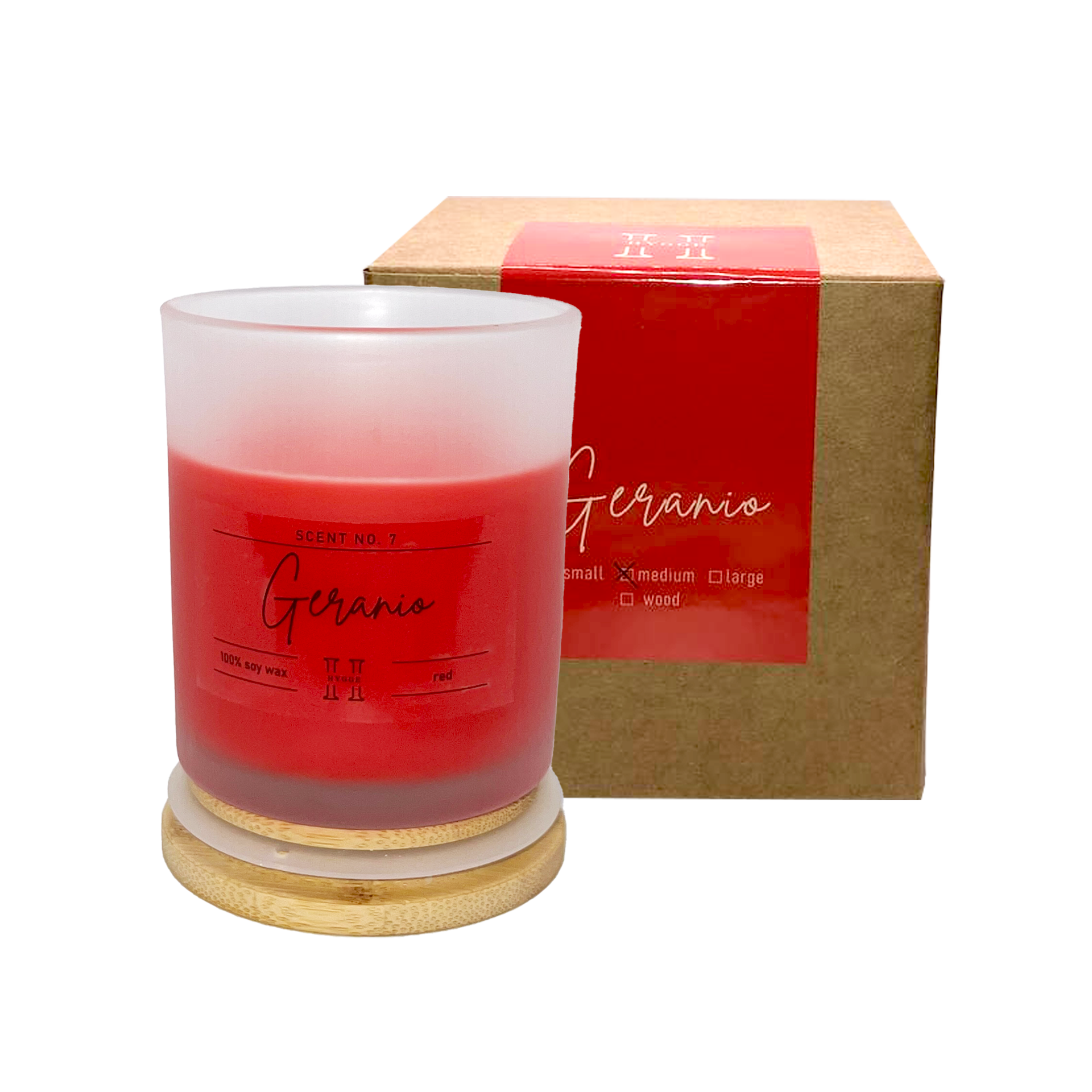 candela profumata rossa al profumo di geranio, dettaglio della scatola