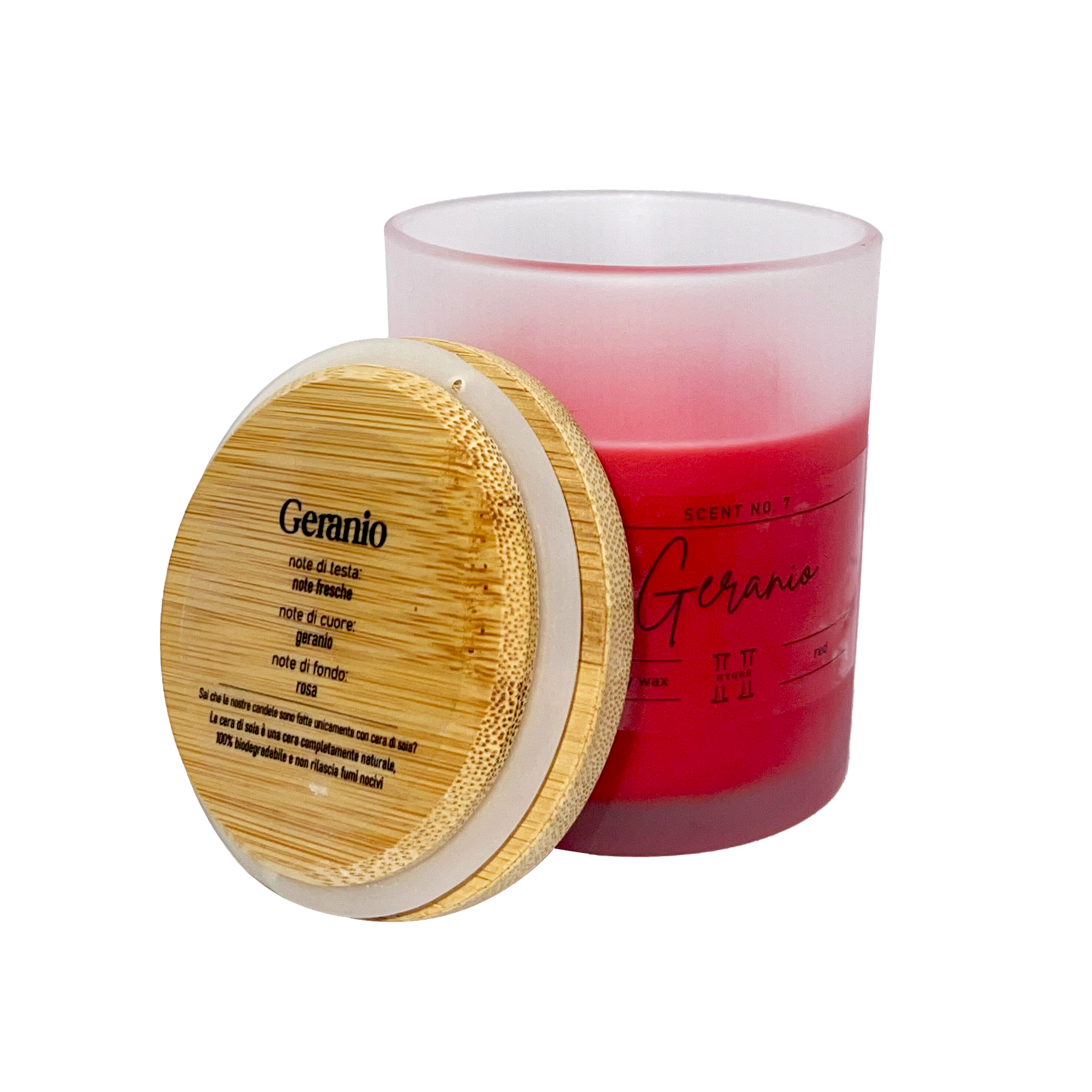 candela profumata rossa al profumo di geranio, dettaglio del tappo in legno con descrizione note olfattive