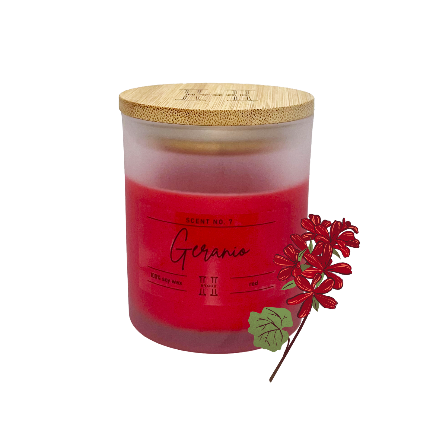 candela profumata rossa al profumo di geranio, dettaglio della fragranza