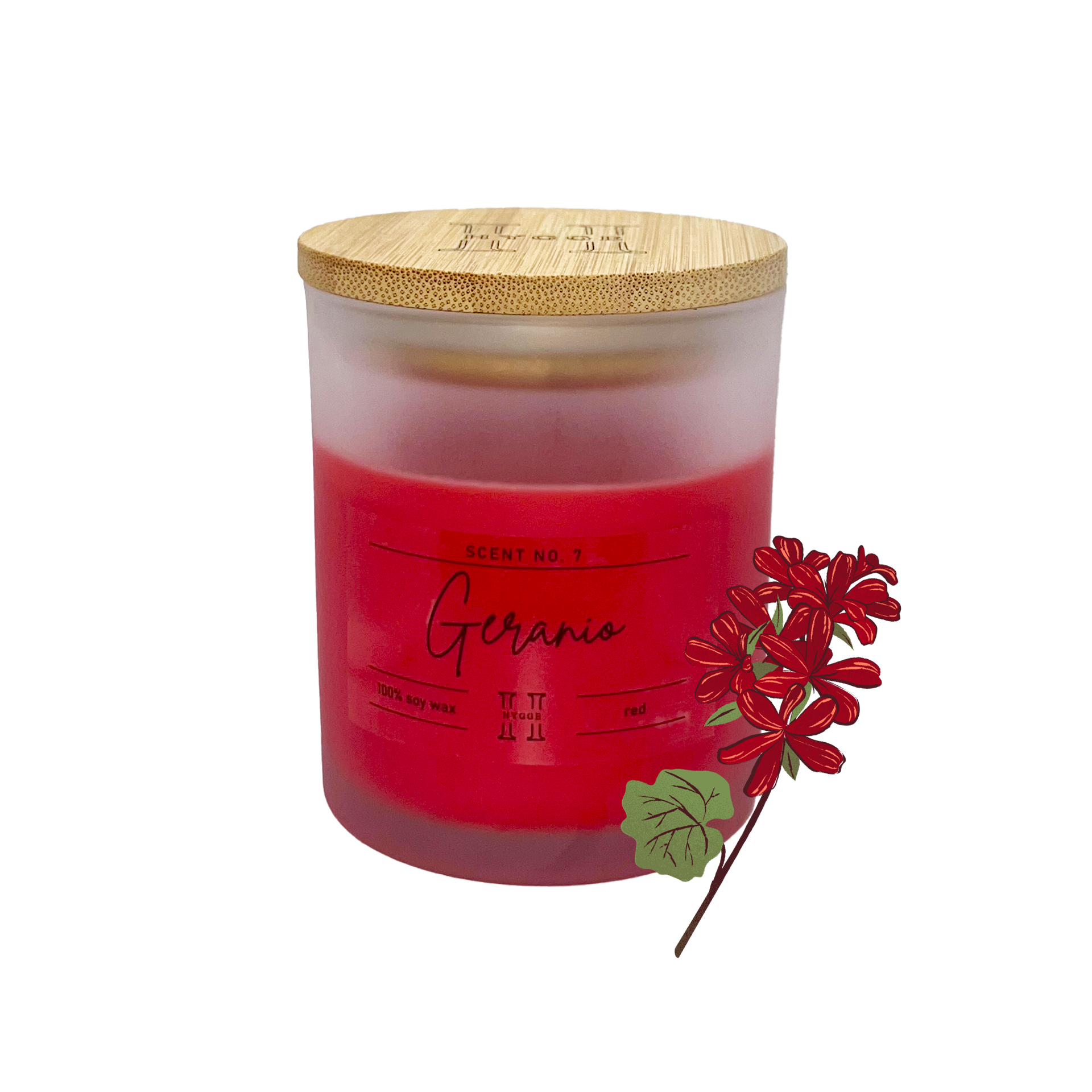 candela profumata rossa al profumo di geranio, dettaglio della fragranza