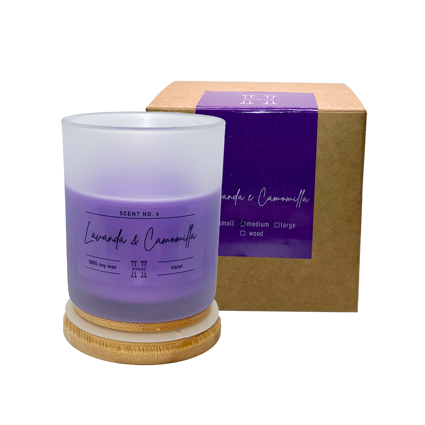candela profumata viola al profumo di lavanda e camomilla, dettaglio della scatola