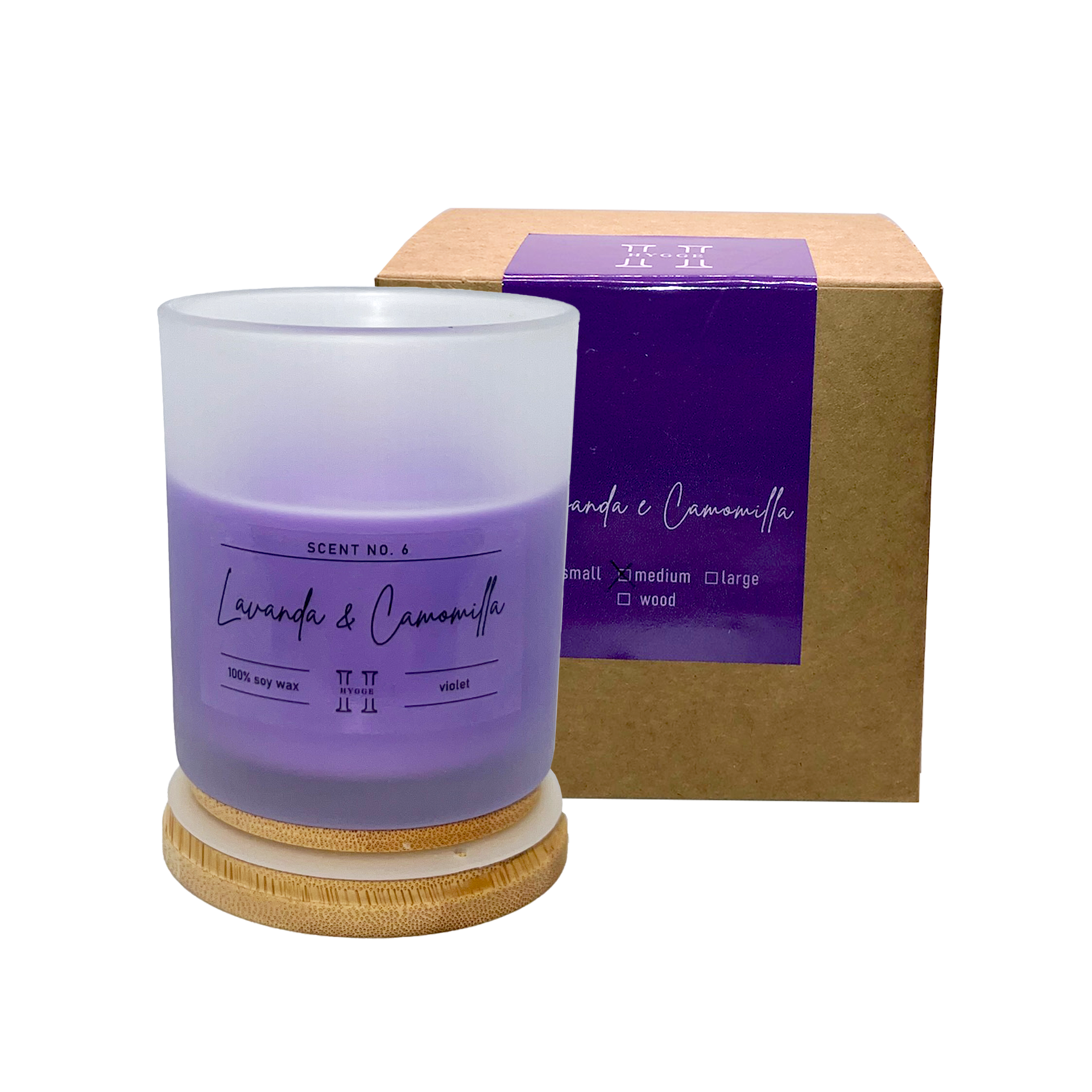 candela profumata viola al profumo di lavanda e camomilla, dettaglio della scatola