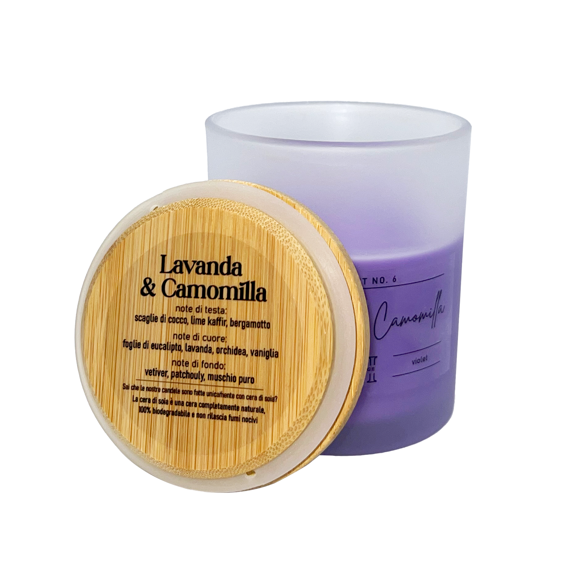 candela profumata viola al profumo di lavanda e camomilla, dettaglio del tappo in legno con descrizione note olfattive