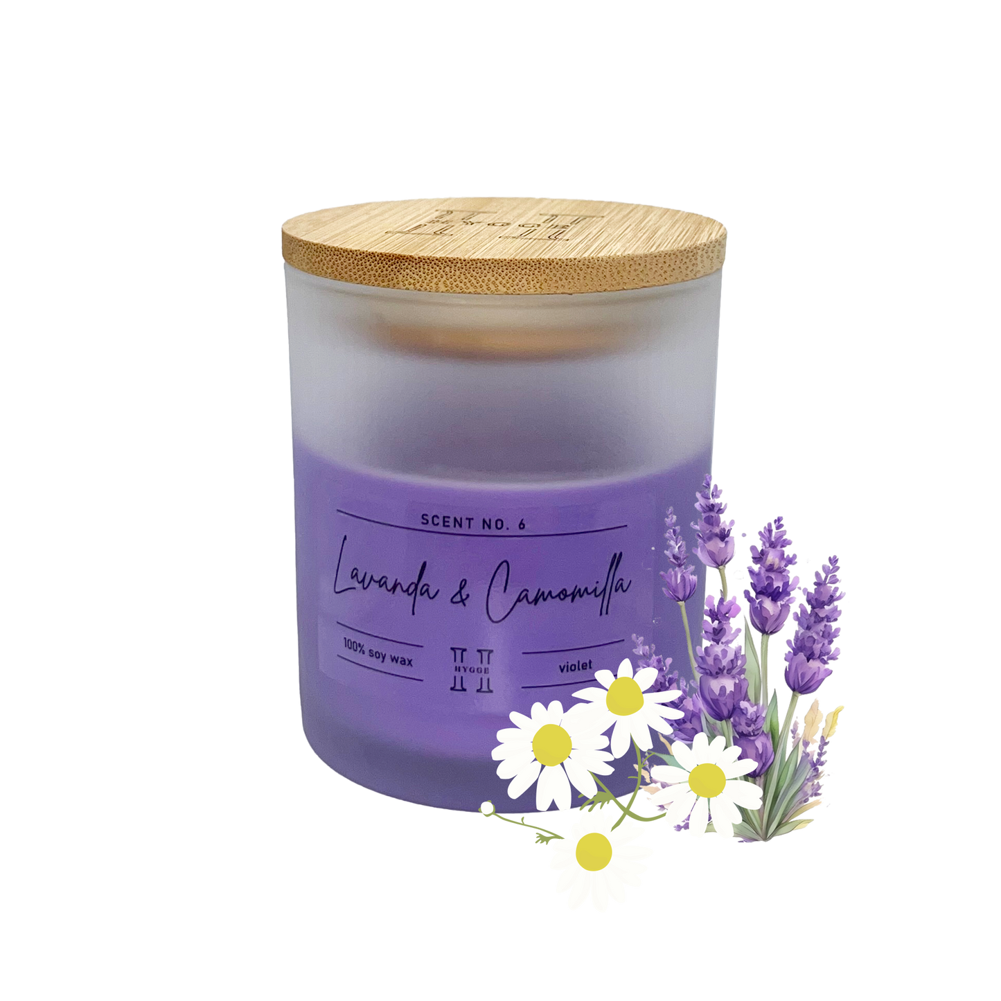 candela profumata viola al profumo di lavanda e camomilla, dettaglio della fragranza