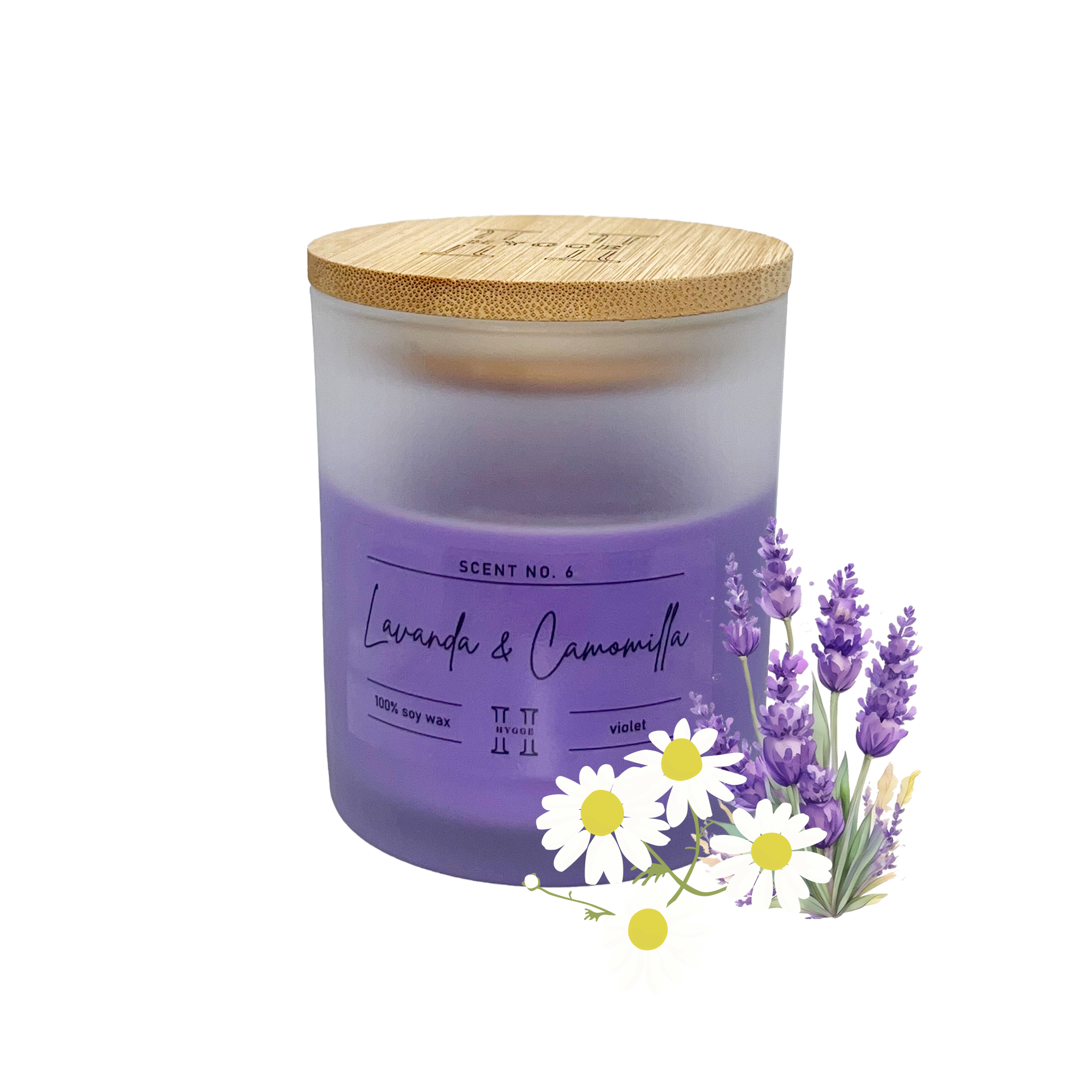 candela profumata viola al profumo di lavanda e camomilla, dettaglio della fragranza