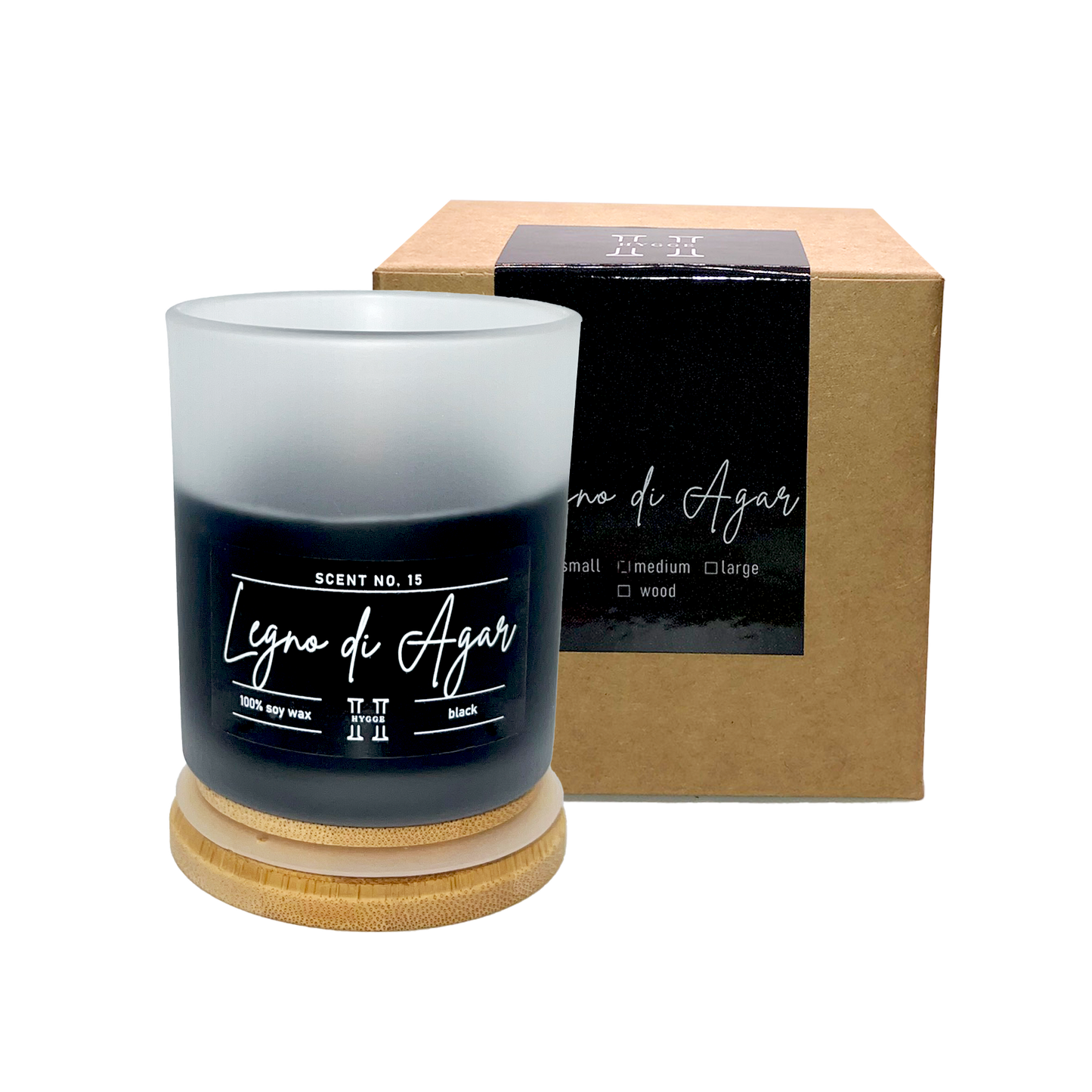 candela profumata nera al profumo di legno di agar, dettaglio della scatola