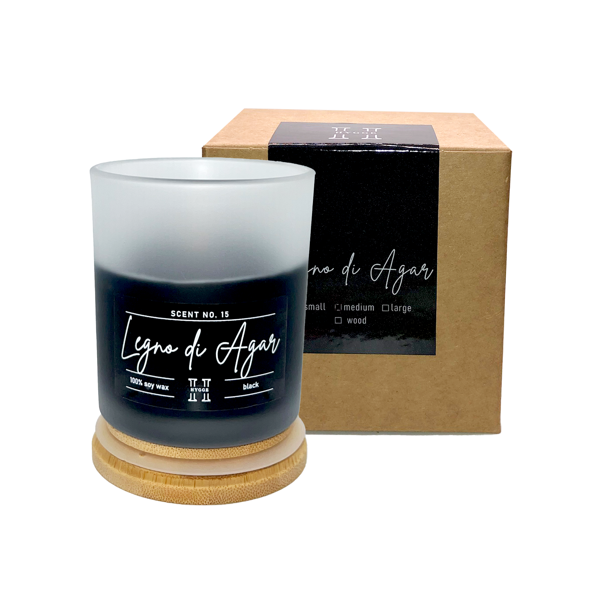 candela profumata nera al profumo di legno di agar, dettaglio della scatola