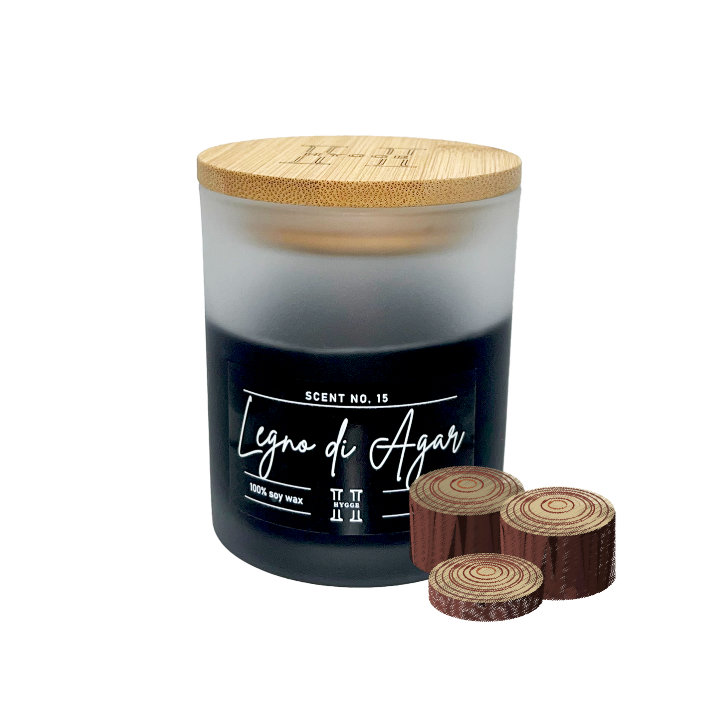 candela profumata nera al profumo di legno di agar, dettaglio della fragranza