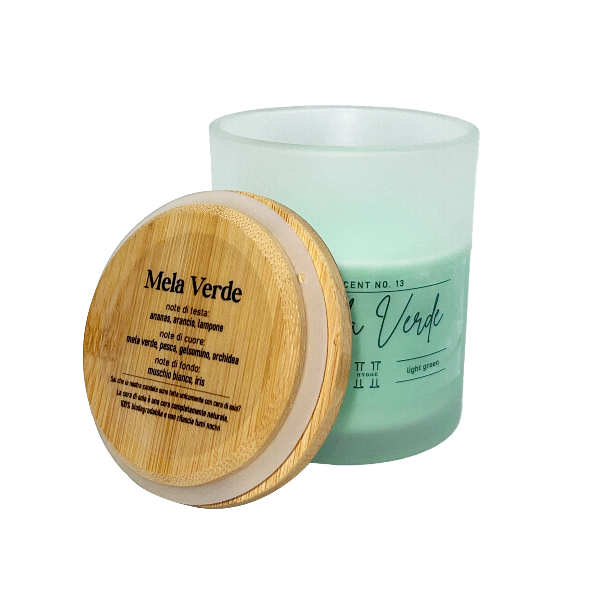 candela profumata verde al profumo di mela verde, dettaglio del tappo in legno con descrizione note olfattive