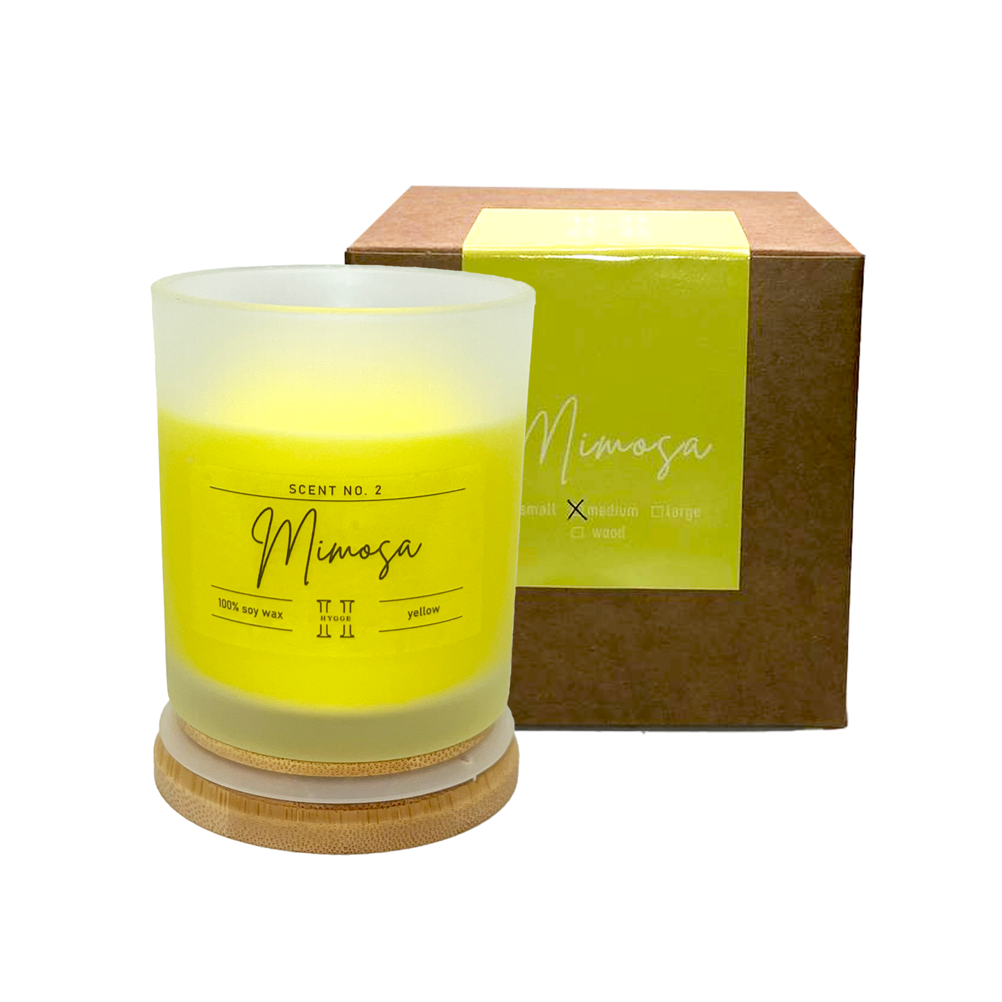 candela profumata gialla al profumo di mimosa, dettaglio della scatola