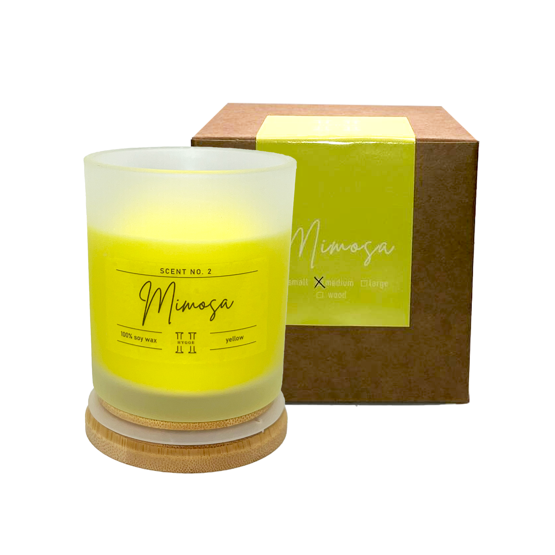 candela profumata gialla al profumo di mimosa, dettaglio della scatola