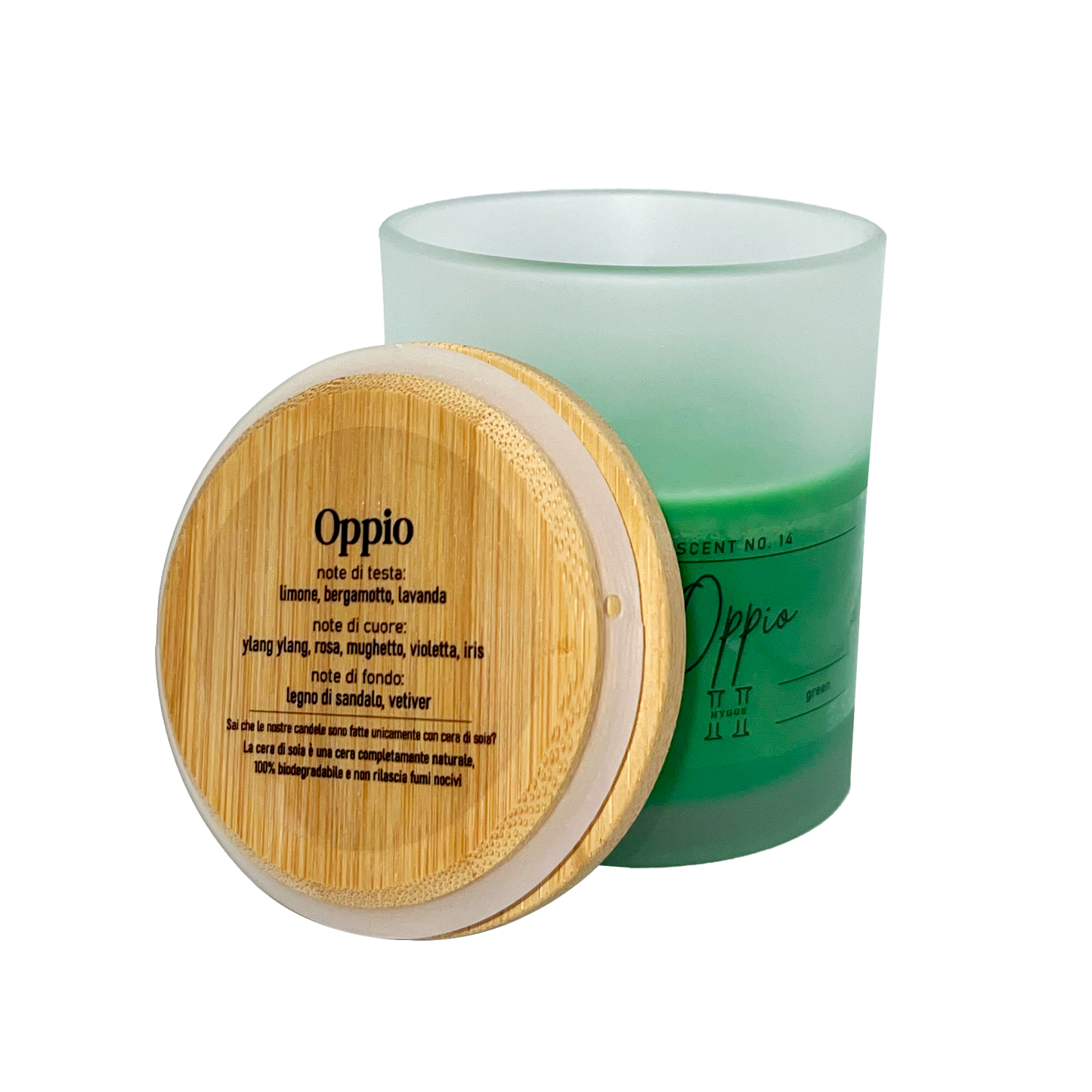 candela profumata verde al profumo di oppio, dettaglio del tappo in legno con descrizione note olfattive