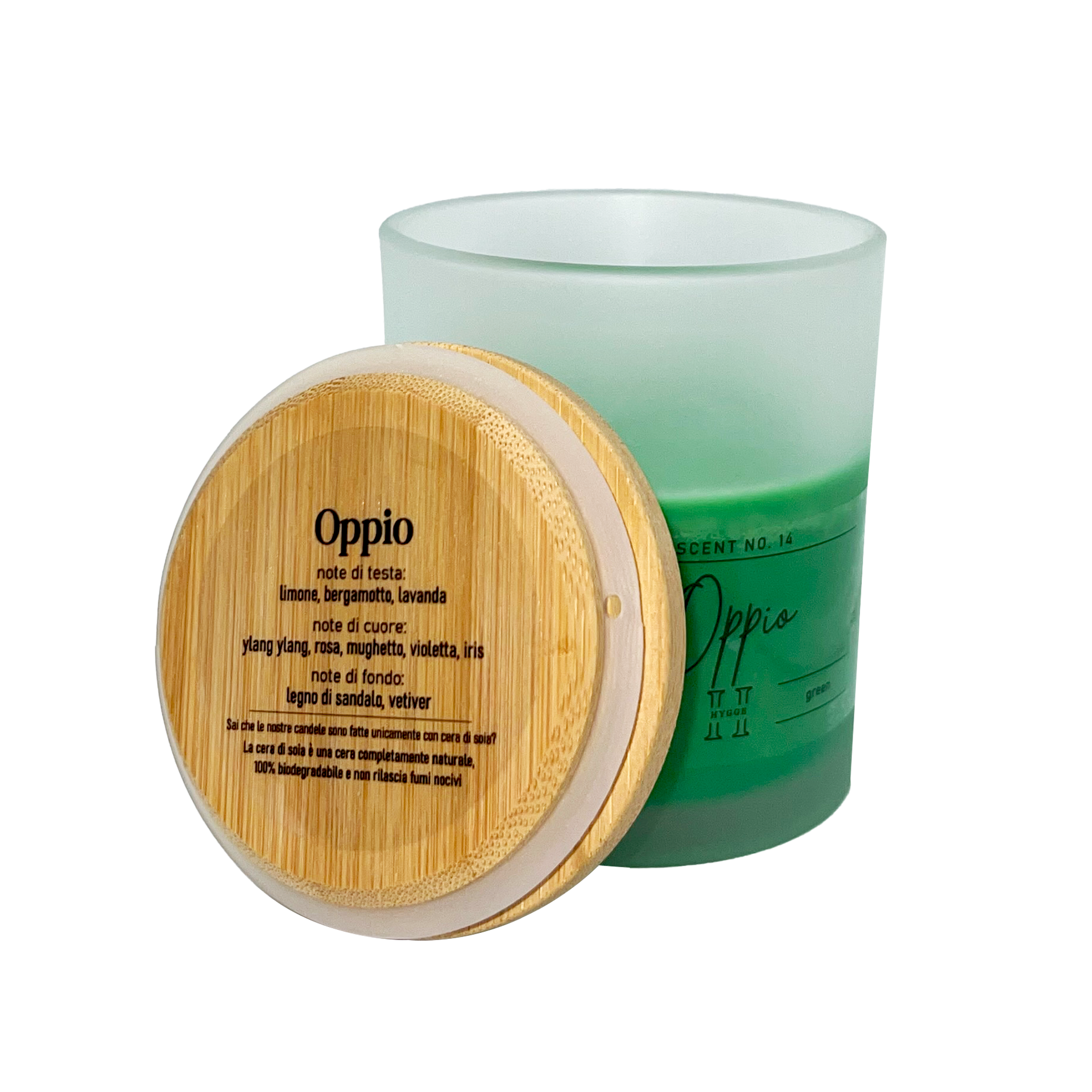 candela profumata verde al profumo di oppio, dettaglio del tappo in legno con descrizione note olfattive