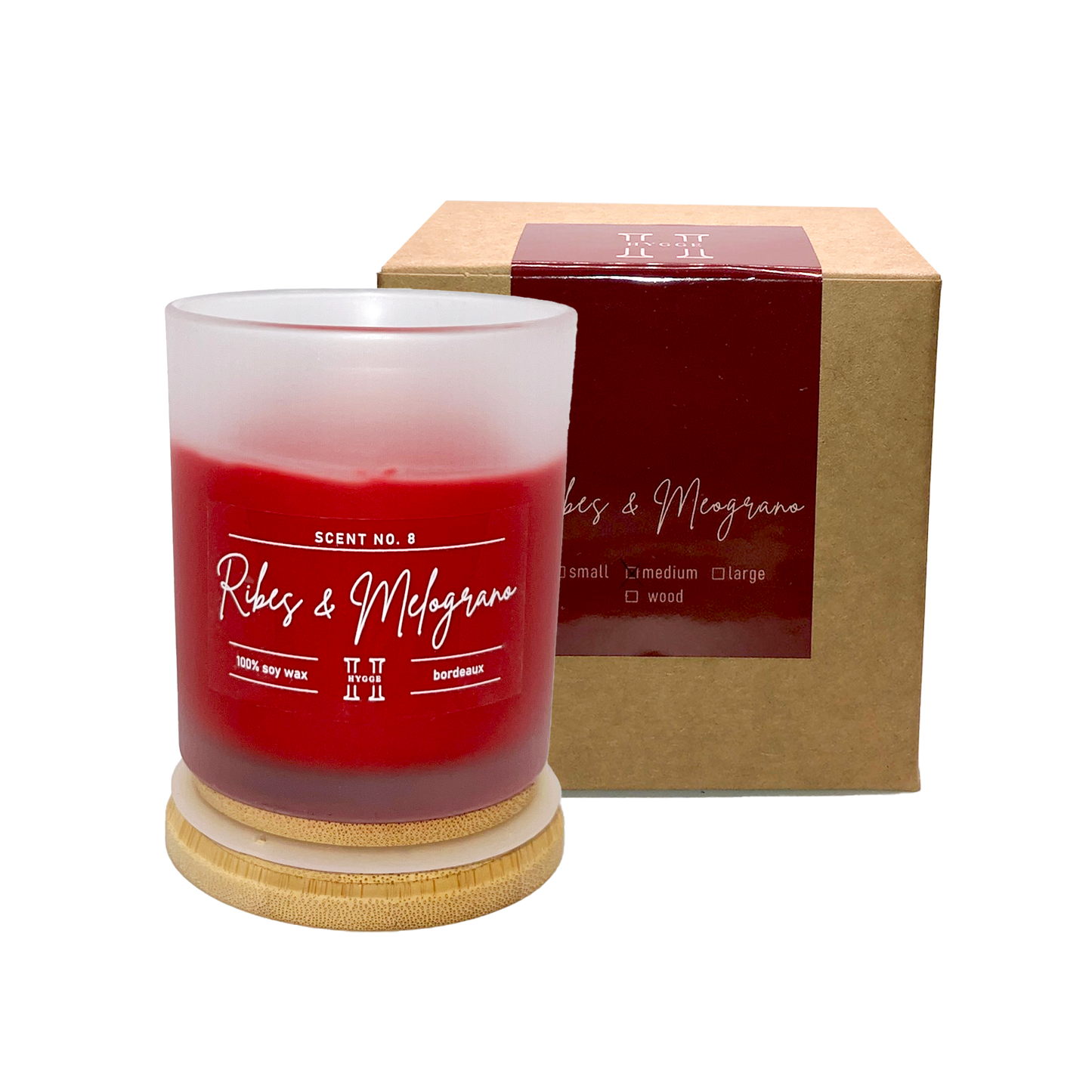 candela profumata bordeaux al profumo di ribes e melograno, dettaglio della scatola